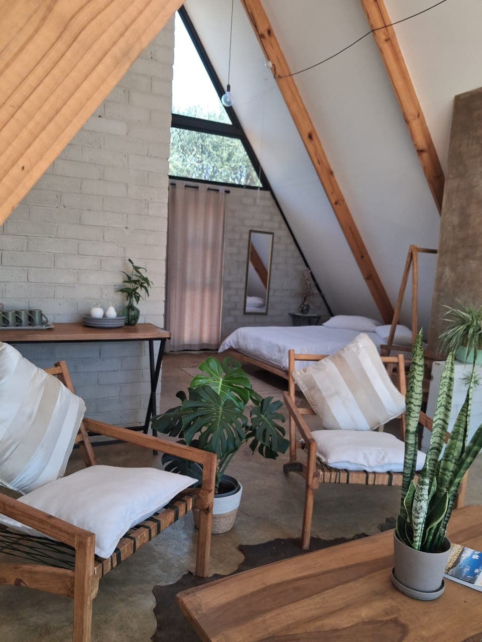 Bright A-frame cabin interior featuring wooden furniture, lush houseplants, and a cozy white bed.