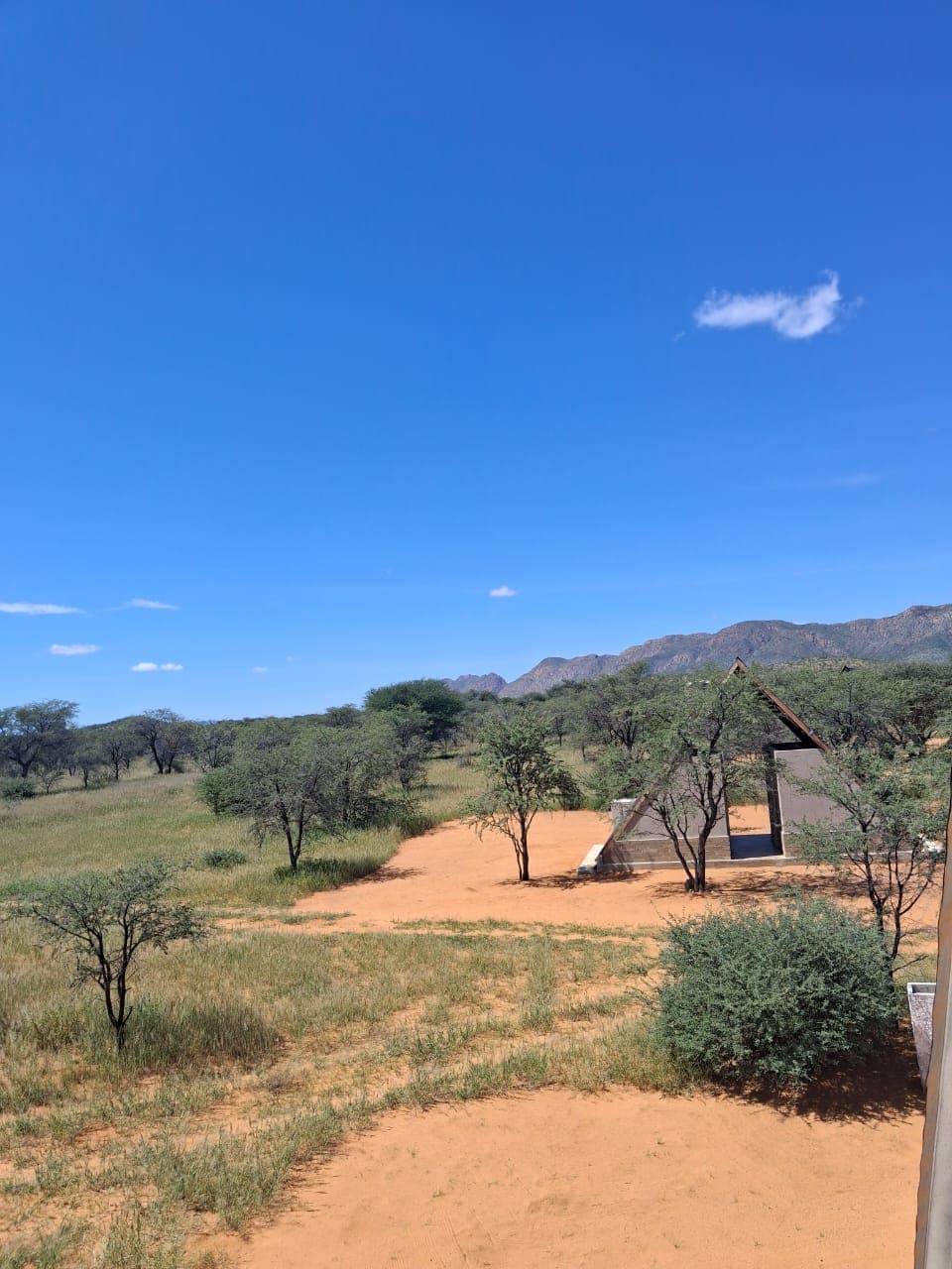 Modern triangular building on red sand amidst savanna trees and distant mountains under blue sky.