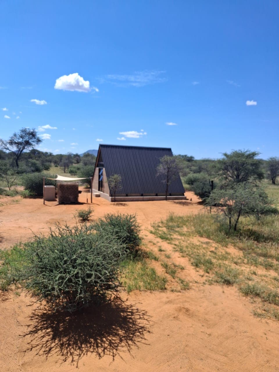 Modern A-frame cabin with dark roof in a dry sandy savanna under blue sky.