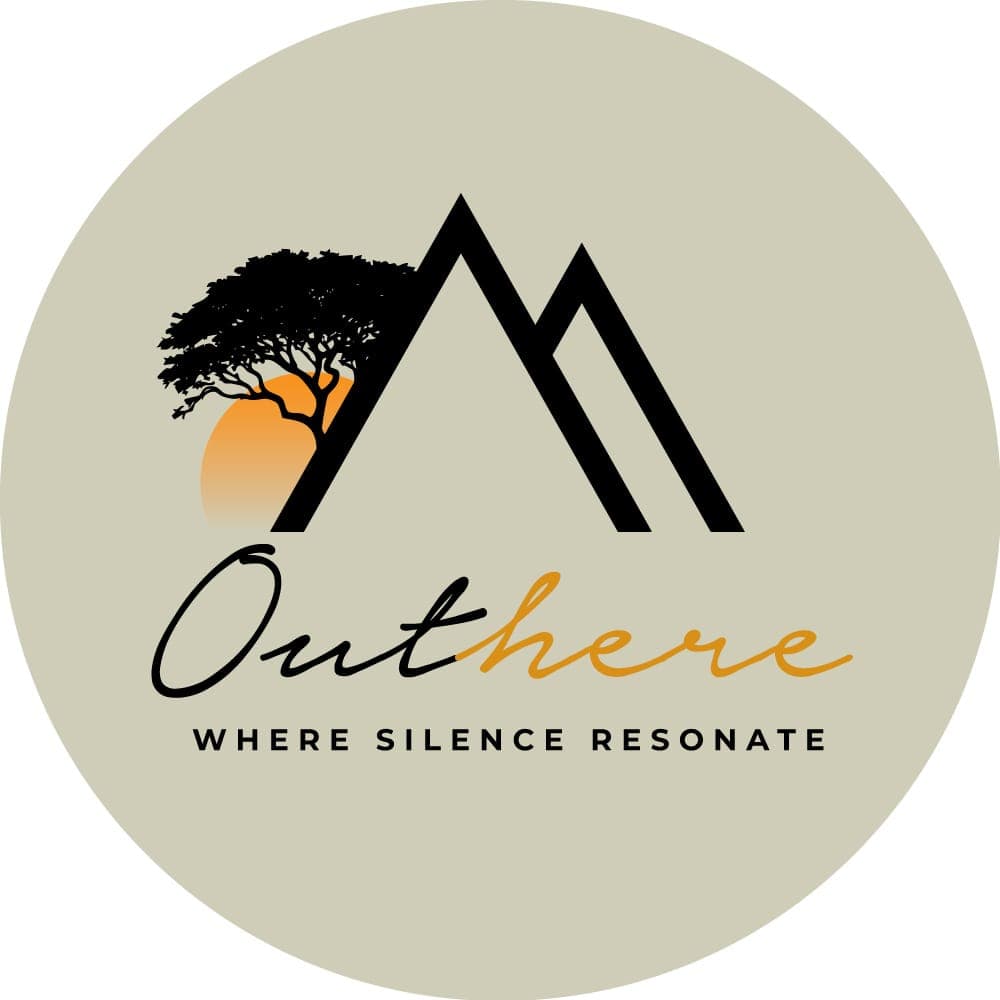 Circular logo with mountain peaks, tree, sun, and text 'Outhere WHERE SILENCE RESONATE'.